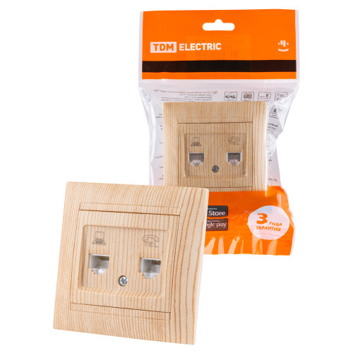 Розетка телефонная RJ11 + компьютерная RJ45 сосна Розетка телефонная RJ11 + компьютерная RJ45 сосна
