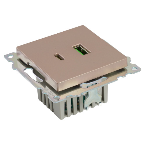 Розетка 2-местная USB + type C (механизм), STEKKER GLS10-7116-02, 250B, 3A, max 20W, серия Катрин, шампань