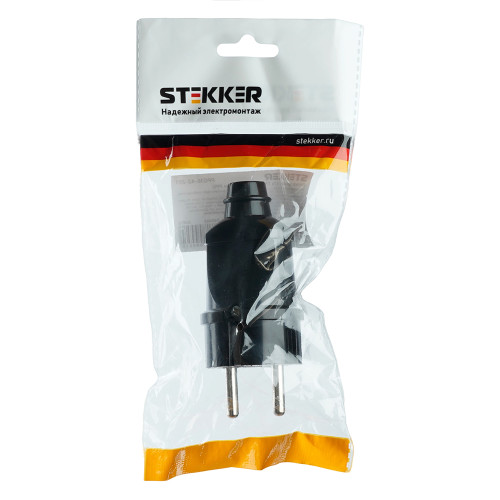 Вилка прямая с/з STEKKER, PPG16-42-201, ABS пластик, 250В, 16A, IP20, черный