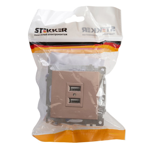 Розетка USB 2-местная (механизм), STEKKER GLS10-7115-02, 250B, 2,1A, серия Катрин, шампань Розетка USB 2-местная (механизм), STEKKER GLS10-7115-02, 250B, 2,1A, серия Катрин, шампань