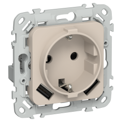 FLITE Розетка 1-местная с заземлением с защитными шторками 16А с USB A+A 3,1А безвинтовое крепление РСЮша11-1-ФлЛ льняной IEK