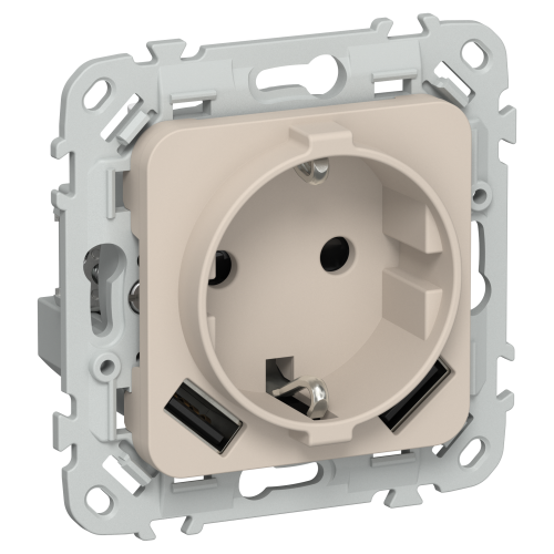 FLITE Розетка 1-местная с заземлением с защитными шторками 16А с USB A+A 3,1А безвинтовое крепление РСЮша11-1-ФлЛ льняной IEK