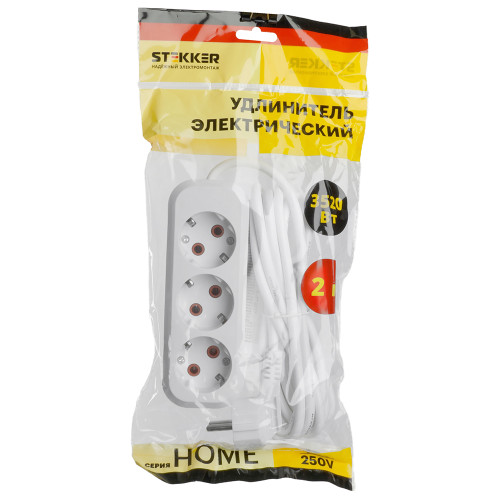 Удлинитель трехместный с/з  STEKKER HM06-31-02 3x1мм2, 2м, серия Home, белый