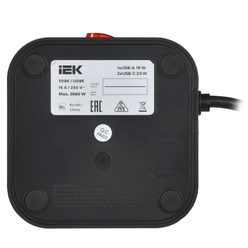 Удлинитель У08K 8 мест 2P+PE 1,5м 3х1,0мм2 16А/250В USB A+C 20Вт черный DOMINIC IEK Удлинитель У08K 8 мест 2P+PE 1,5м 3х1,0мм2 16А/250В USB A+C 20Вт черный DOMINIC IEK