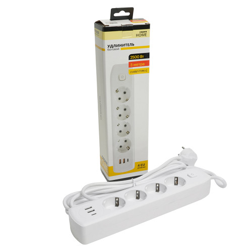 Удлинитель 4-местный c/з 3x1 мм2, 3 м, 250В, 10А, 2USB+1Type-C 2,4А, серия Home plus, белый STEKKER HM08-43-02 Удлинитель 4-местный c/з 3x1 мм2, 3 м, 250В, 10А, 2USB+1Type-C 2,4А, серия Home plus, белый STEKKER HM08-43-02