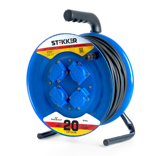 Удлинитель на металлической катушке с/з 4-местный Stekker, PRF02-41-20, 20м, 3*2,5, серия Professional, синий Удлинитель на металлической катушке с/з 4-местный Stekker, PRF02-41-20, 20м, 3*2,5, серия Professional, синий