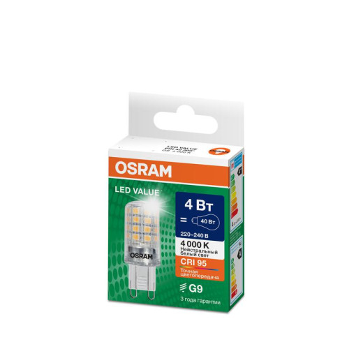 Лампа светодиодная LED G4 Value LVPIN40 4W/940 CRI95 4Вт 4000К 560лм капсульная прозр. G9 220-240В OSRAM 4610590510337 Лампа светодиодная LED G4 Value LVPIN40 4W/940 CRI95 4Вт 4000К 560лм капсульная прозр. G9 220-240В OSRAM 4610590510337