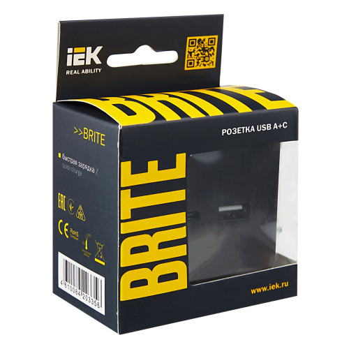 BRITE Розетка USB A+C 18Вт РЮ11-1-БрЧ черный IEK BRITE Розетка USB A+C 18Вт РЮ11-1-БрЧ черный IEK