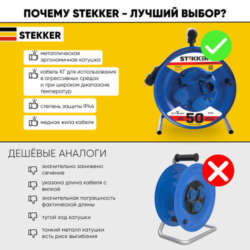 Удлинитель на металлической катушке с/з 4-местный Stekker, PRF02-31-50, 50м, 3*1,5, серия Professional, синий