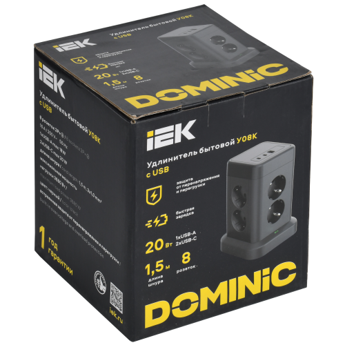 Удлинитель У08K 8 мест 2P+PE 1,5м 3х1,0мм2 16А/250В USB A+C 20Вт черный DOMINIC IEK Удлинитель У08K 8 мест 2P+PE 1,5м 3х1,0мм2 16А/250В USB A+C 20Вт черный DOMINIC IEK