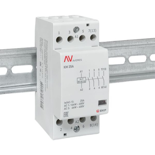 Контактор модульный КМ 25А 4NO 24В АС (2 мод.) AVERES EKF Контактор модульный КМ 25А 4NO 24В АС (2 мод.) AVERES EKF