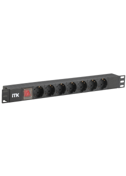 ITK PDU 7 розеток нем. стандарт, с LED выключателем,1U, без шнура, вх. C14, алюминиевый профиль