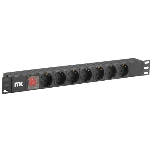 ITK PDU 7 розеток нем. стандарт, с LED выключателем,1U, без шнура, вх. C14, алюминиевый профиль