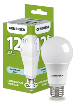 Лампа светодиодная A60 груша 12Вт 230В 6500К E27 GENERICA
