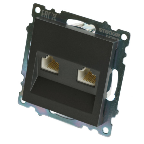 Розетка компьютерная 2-местная RJ-45 (механизм) STEKKER GLS00-7109-06 , серия Катрин, графит Розетка компьютерная 2-местная RJ-45 (механизм) STEKKER GLS00-7109-06 , серия Катрин, графит