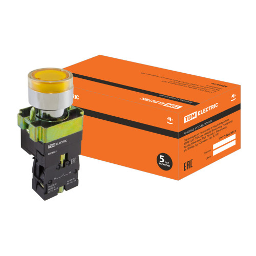 Кнопка SB2-BW3561 с возвратом, 1НО, d22 мм, с подсветкой 230 В LED, желтая, IP40 TDM