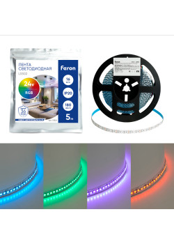 Светодиодная LED лента Feron LS502, 180SMD(5050)/м 16Вт/м 24V 5000*10*1.5мм RGB IP20