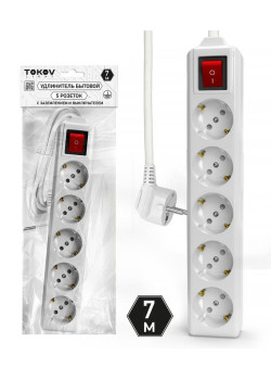 Удлинитель 5х7м с заземл. с выкл. 10А 3х1.5 TOKOV LIGHT TKL-C01-BU5-7-1.5-ZV