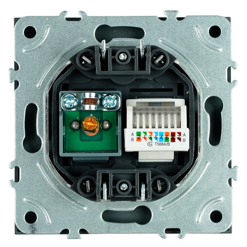 Розетка TV + компьютерная RJ-45 (механизм), STEKKER, RST00-5106-05, серия Эмили, черный уголь, soft touch Розетка TV + компьютерная RJ-45 (механизм), STEKKER, RST00-5106-05, серия Эмили, черный уголь, soft touch