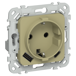 FLITE Розетка 1-местная с заземлением с защитными шторками 16А с USB A+C 20Вт безвинтовое крепление РСЮшс11-1-ФлО оливковый IEK