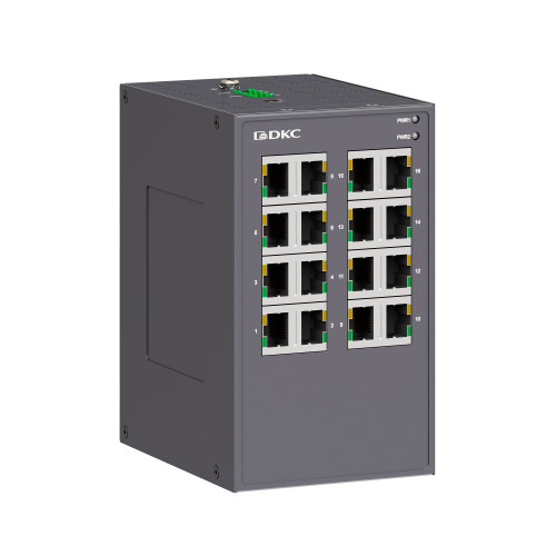 Промышленный неуправляемый коммутатор, 16×10/100Base-T(X) портов RJ45,12-48В DC/18-30В AC, с резервированием