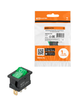 Выключатель клавишный KCD1-101N 12В AC/DC, 1P, 15А, (3с), ON-OFF, черный корпус, зеленая клавиша с LED подсветкой, Mini TDM