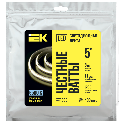Лента светодиодная 5м COB 480LED/м 11Вт/м IP65 ширина 8мм 24В холодный белый IEK