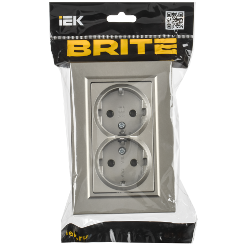 BRITE Розетка 2-местная с заземлением без защитных шторок плоская 16А в сборе РСПл12-3-БрШ шампань IEK