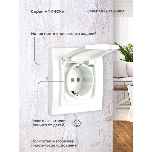 Минск Розетка 1-мест. СП с/з с крышкой 16А бел. с защ. штор. IP44 EKF