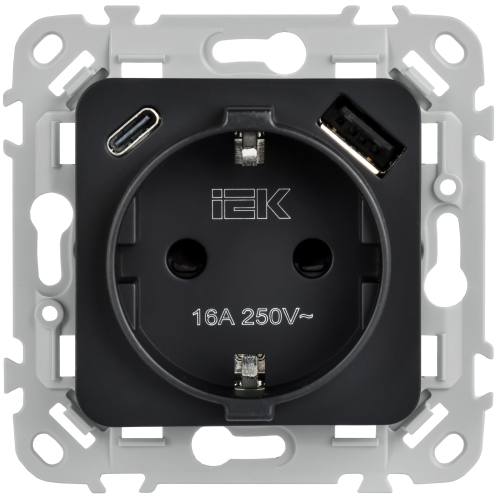 FLITE Розетка 1-местная с заземлением с защитными шторками 16А с USB A+C 20Вт безвинтовое крепление РСЮшс11-1-ФлЧ черный IEK FLITE Розетка 1-местная с заземлением с защитными шторками 16А с USB A+C 20Вт безвинтовое крепление РСЮшс11-1-ФлЧ черный IEK