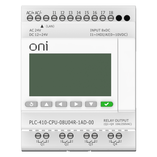 ПЛК 410 Модуль ЦПУ 4 DI 4 UI (0-10 В/DI) 4 RO 12В-24В DC или 24В AC с Ethernet портом с экраном ONI ПЛК 410 Модуль ЦПУ 4 DI 4 UI (0-10 В/DI) 4 RO 12В-24В DC или 24В AC с Ethernet портом с экраном ONI