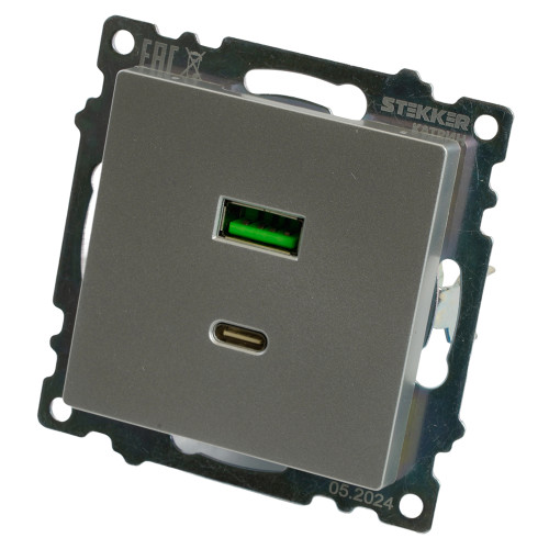 Розетка 2-местная USB + type C (механизм)), STEKKER GLS10-7116-03 , 250B, 3А, max 20W, серия Катрин, серебро