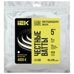 Лента светодиодная 5м COB 528LED/м freecut свободная резка 14Вт/м IP20 ширина 8мм 24В нейтральный белый IEK