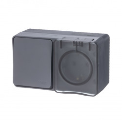 ATLASDESIGN PROFI IP54 О/У БЛОК: РОЗЕТКА с заземл. со шт., 16А, ВЫКЛЮЧАТЕЛЬ 1-клав., 10АХ, АНТРАЦИТ