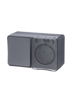 ATLASDESIGN PROFI IP54 О/У БЛОК: РОЗЕТКА с заземл. со шт., 16А, ВЫКЛЮЧАТЕЛЬ 1-клав., 10АХ, АНТРАЦИТ