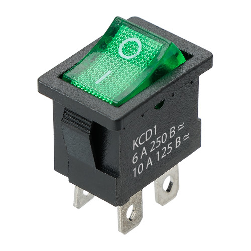 Выключатель клавишный KCD1-201N 250В AC/DC, 2P, 6А, (4с), ON-OFF, черный корпус, зеленая клавиша с LED подсветкой, Mini TDM