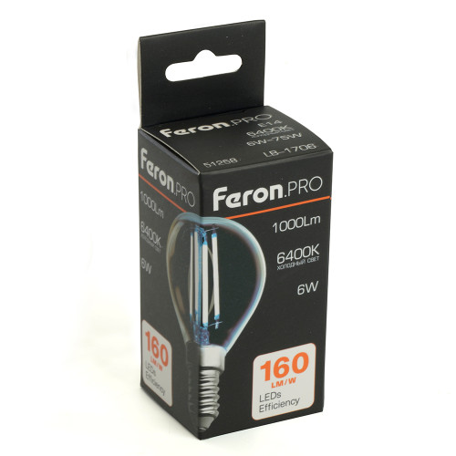 Лампа светодиодная Feron.PRO LB-1706 Шарик E14 1000LM 6W 175-265V 6400K Лампа светодиодная Feron.PRO LB-1706 Шарик E14 1000LM 6W 175-265V 6400K