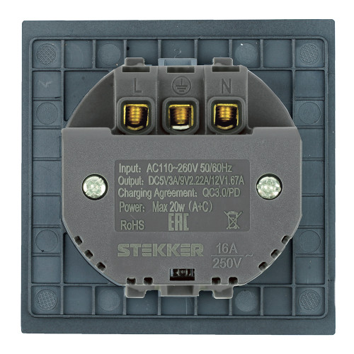 Розетка 1-местная з/ш с/з 16А + USB + Type C (механизм), STEKKER, 250В, 20W, серия Мия, RST16-3119-05, черный бархат Розетка 1-местная з/ш с/з 16А + USB + Type C (механизм), STEKKER, 250В, 20W, серия Мия, RST16-3119-05, черный бархат