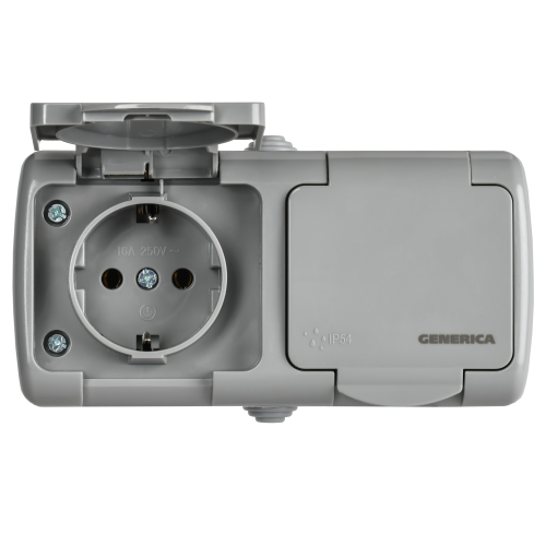 AQUATIC Розетка 2-местная с заземлением и крышкой для открытой установки 16А IP54 РСш22-2-А GENERICA