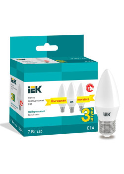 Лампа светодиодная 7Вт C35 свеча 4000К нейтр. бел. E14 230В (уп.3шт) IEK LLE-C35-07-230-40-E14-3