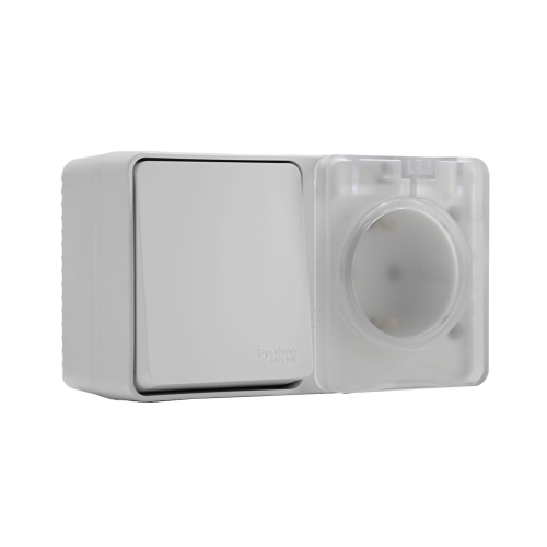 ATLASDESIGN PROFI IP54 О/У БЛОК: РОЗЕТКА с заземл. со шт., 16А, ВЫКЛЮЧАТЕЛЬ 1-клав., 10АХ, БЕЛЫЙ