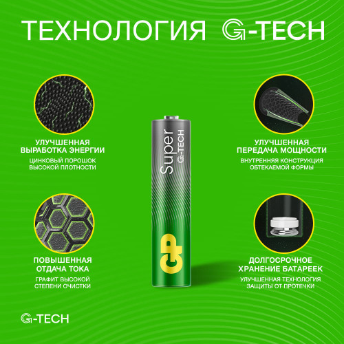 Батарейка алкалиновая GP Super Alkaline G-Tech 24А ААA - 4 шт. на блистере Батарейка алкалиновая GP Super Alkaline G-Tech 24А ААA - 4 шт. на блистере