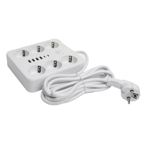 Удлинитель 6-местный c/з 3x1 мм2, 3 м, 250В, 10А, 4USB+2Type-C 2,4А, серия Home plus, белый STEKKER HM09-66-02 Удлинитель 6-местный c/з 3x1 мм2, 3 м, 250В, 10А, 4USB+2Type-C 2,4А, серия Home plus, белый STEKKER HM09-66-02