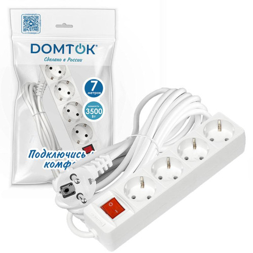 Удлинитель 4х7м с заземл. 16А IP20 3х1 с выкл. бел. DOMTOK 2501