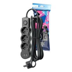 Удлинитель 3х3м с заземл. 10А IP20 USB 2800Вт 220В ПВС 3х1 с выкл. черн. КОСМОС YKsm3m3g-Z-VU10А-B