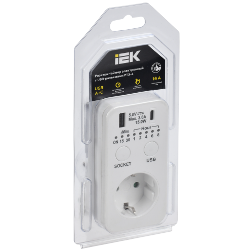 РТЭ-4 Розетка-таймер электронный с USB A+C 15мин-8ч 16А IP20 белый IEK РТЭ-4 Розетка-таймер электронный с USB A+C 15мин-8ч 16А IP20 белый IEK
