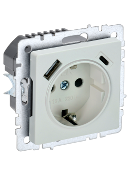 BRITE Розетка 1-местная с заземлением с защитными шторками 16А с USB A+C 18Вт РЮш11-1-БрЖ жемчуг IEK
