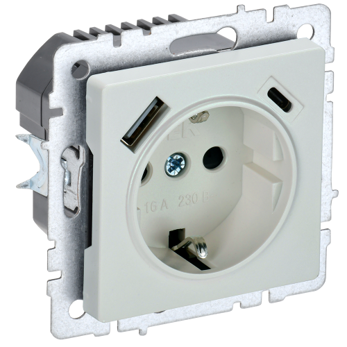 BRITE Розетка 1-местная с заземлением с защитными шторками 16А с USB A+C 18Вт РЮш11-1-БрЖ жемчуг IEK