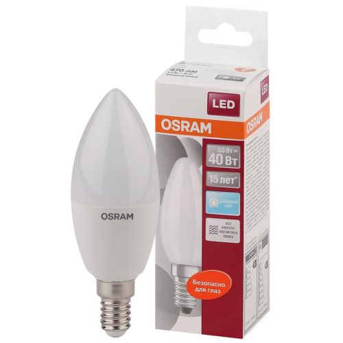 Лампа светодиодная LED Star Classic B 40 5W/840 5Вт свеча матовая 4000К нейтр. бел. E14 470лм 220-240В пластик. OSRAM 4058075056886 Лампа светодиодная LED Star Classic B 40 5W/840 5Вт свеча матовая 4000К нейтр. бел. E14 470лм 220-240В пластик. OSRAM 4058075056886