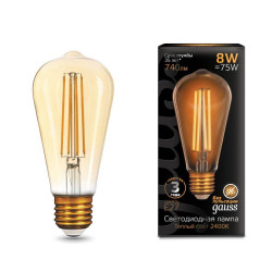 Лампа светодиодная филаментная Black Filament 8Вт ST64 золотая 2400К тепл. бел. E27 740лм GAUSS 157802008